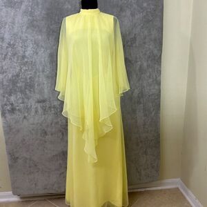 True VTG 60s 70s Miss Elliette Yellow Chiffon Maxi Dress Capelet Party Gown S/M